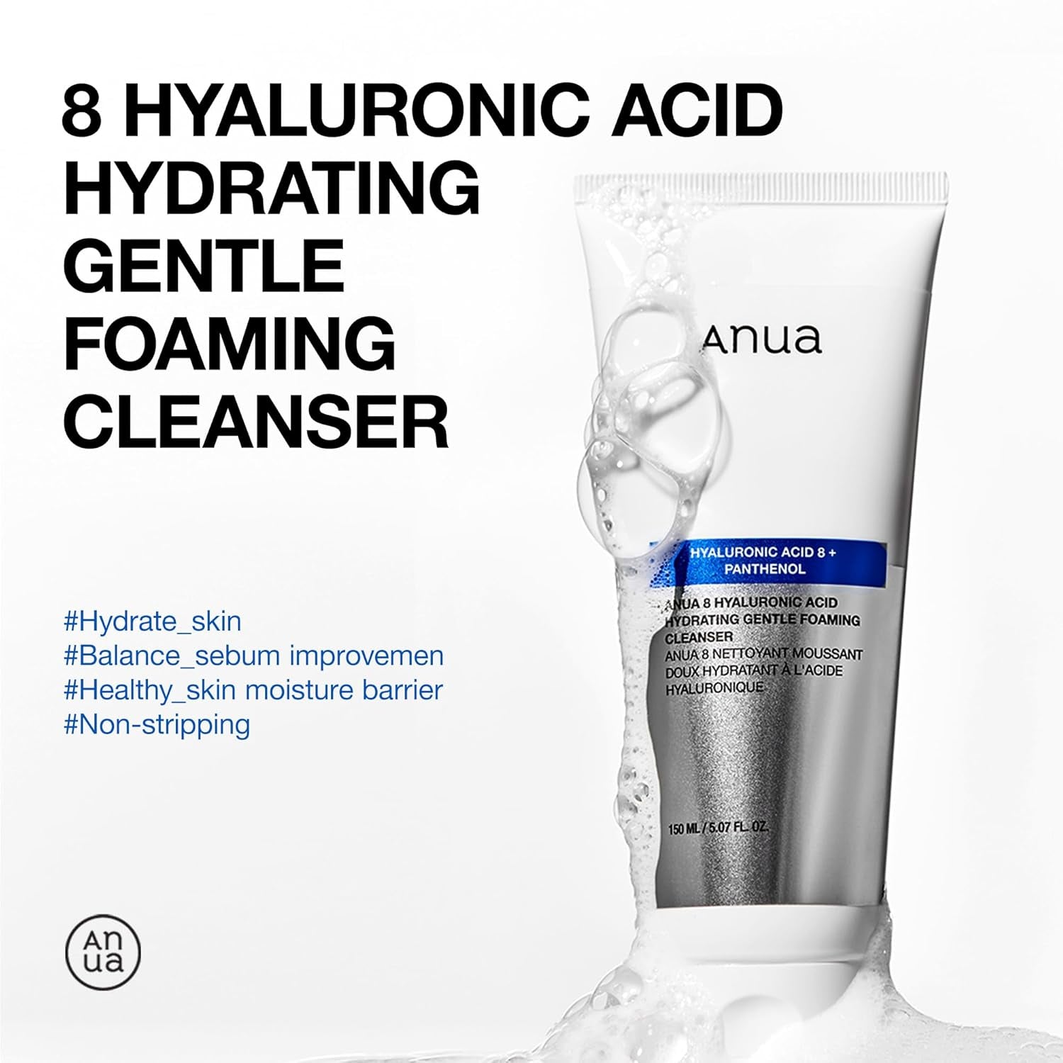 Hydrating Gentle Foaming Cleanser, Daily Face Wash for Double Cleansing, Hyaluronic Acid, Zinc, Panthenol, for Dry & Sensitive Skin, Sebum Balance Facial Cleanser, Korean Skincare, 5.07 Fl. Oz