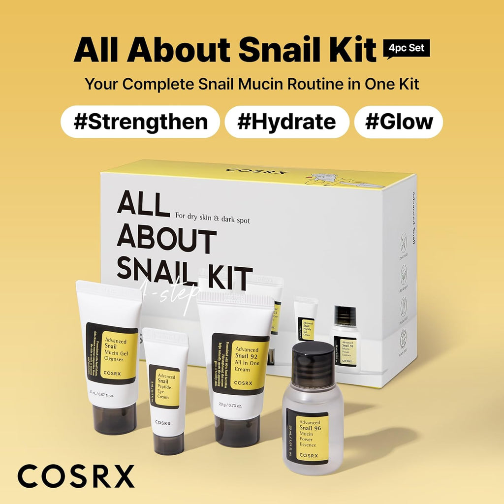 All about Snail Mucin Korean Skin Care Set, Mini Travel Essentials, Travel Size Gift Set with Snail Mucin Face Wash, Serum, Moisturizer & Eye Cream, Rejuvenating Kit, Mothers Day Gifts for Mom