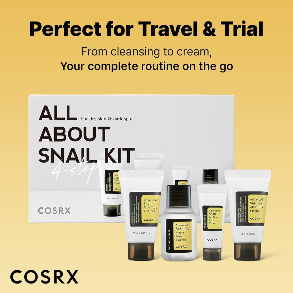 All about Snail Mucin Korean Skin Care Set, Mini Travel Essentials, Travel Size Gift Set with Snail Mucin Face Wash, Serum, Moisturizer & Eye Cream, Rejuvenating Kit, Mothers Day Gifts for Mom