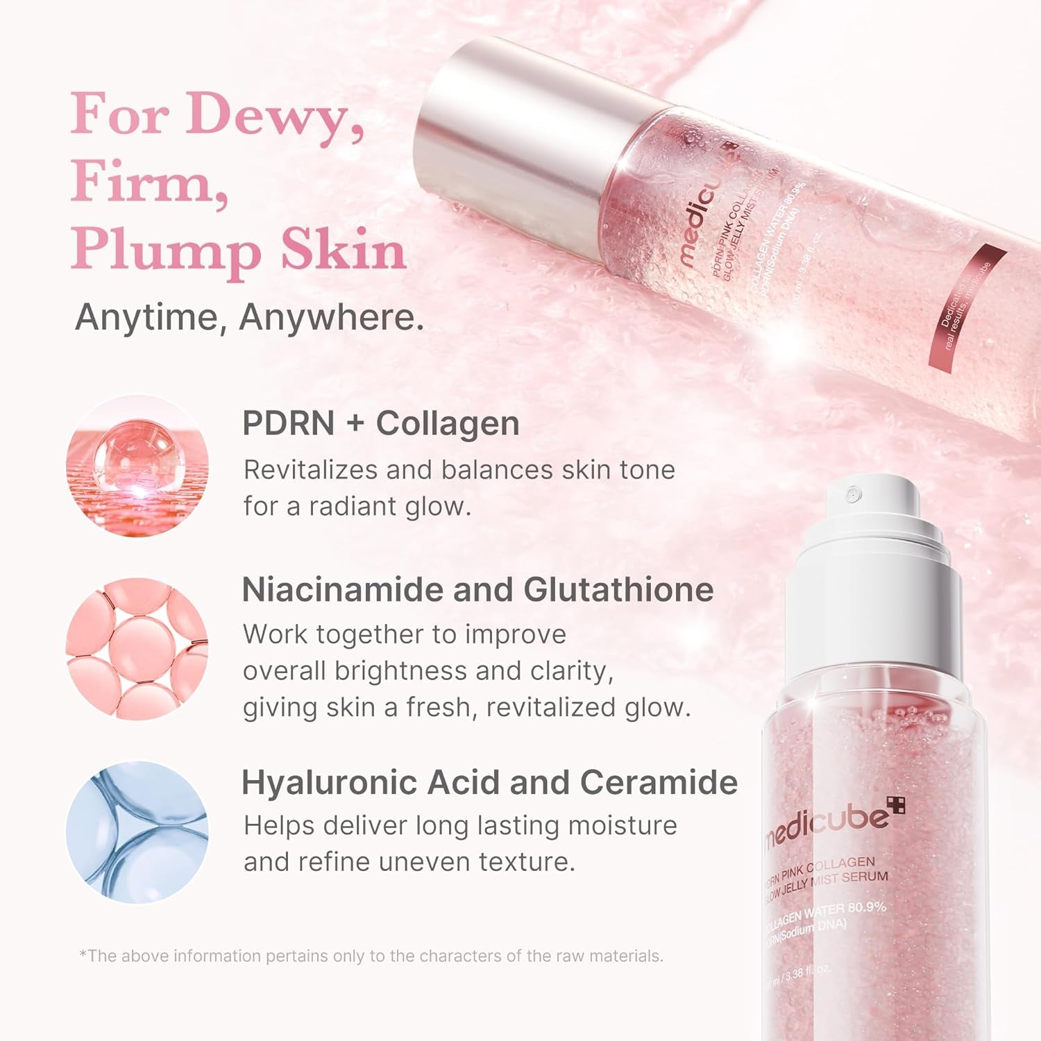 Jelly Mist Serum with Pink PDRN Collagen | Dual-Texture Glow Spray with Niacinamide, Glutathione, Ceramide, Hyaluronic Acid | for Hydration, Radiance, Plump-Looking Skin | 3.38 Fl.Oz