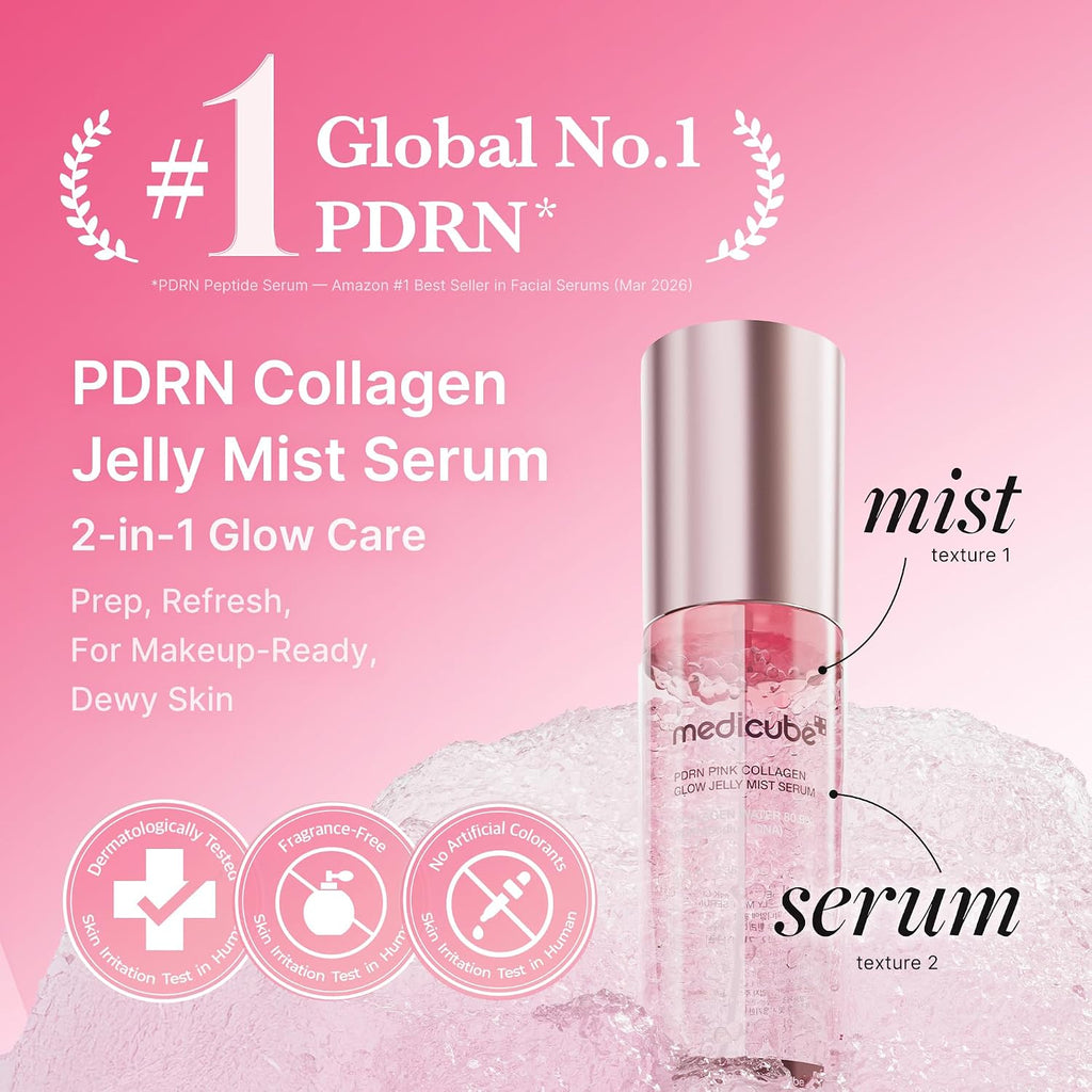 Jelly Mist Serum with Pink PDRN Collagen | Dual-Texture Glow Spray with Niacinamide, Glutathione, Ceramide, Hyaluronic Acid | for Hydration, Radiance, Plump-Looking Skin | 3.38 Fl.Oz