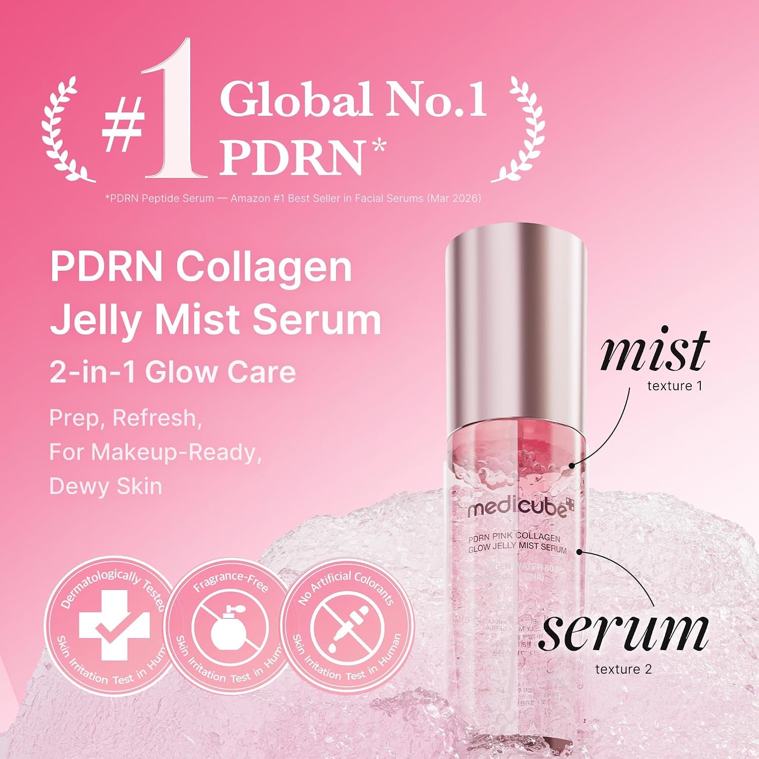 Jelly Mist Serum with Pink PDRN Collagen | Dual-Texture Glow Spray with Niacinamide, Glutathione, Ceramide, Hyaluronic Acid | for Hydration, Radiance, Plump-Looking Skin | 3.38 Fl.Oz